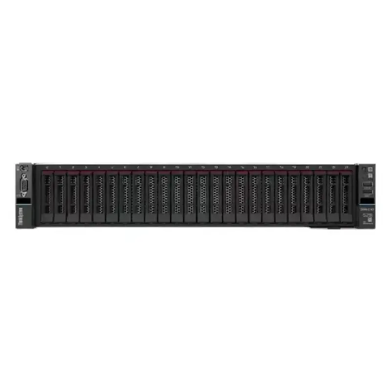 Lenovo ThinkSystem SR650 V3 rack server showing twenty-four small form factor drive bays, front ports, and ear bezels. Lenovo ThinkSystem SR650 V3 rack server showing twenty-four small form factor drive bays, front ports, and ear bezels.