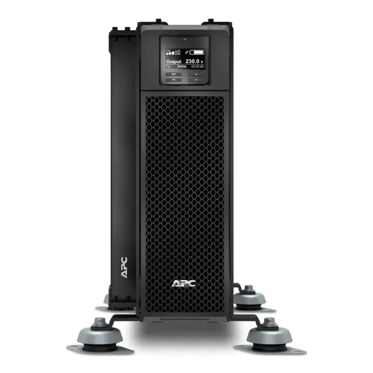 APC SRT5KRMXLIM 5000VA Marine UPS showing LCD control panel, perforated mesh bezel, and stabilization feet.