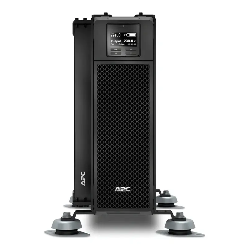 APC SRT5KRMXLIM 5000VA Marine UPS showing LCD control panel, perforated mesh bezel, and stabilization feet.