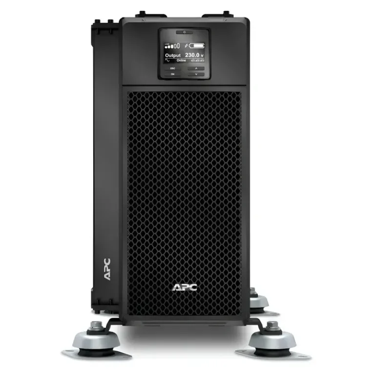 APC SRT6KRMXLIM 6000VA Marine UPS showing LCD control panel, perforated mesh bezel, and stabilization feet.