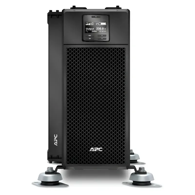 APC SRT6KRMXLIM 6000VA Marine UPS showing LCD control panel, perforated mesh bezel, and stabilization feet.