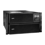APC SRT8KRMXLI 8000VA Rackmount UPS showing stacked dual-chassis layout, digital display, and mesh server rack ears.