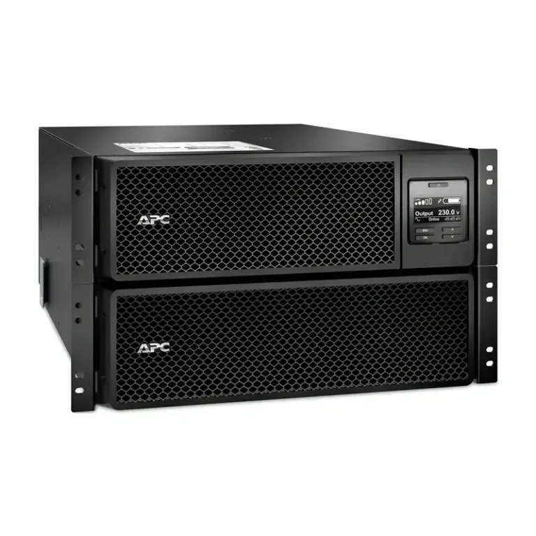 APC SRT8KRMXLI 8000VA Rackmount UPS showing stacked dual-chassis layout, digital display, and mesh server rack ears.
