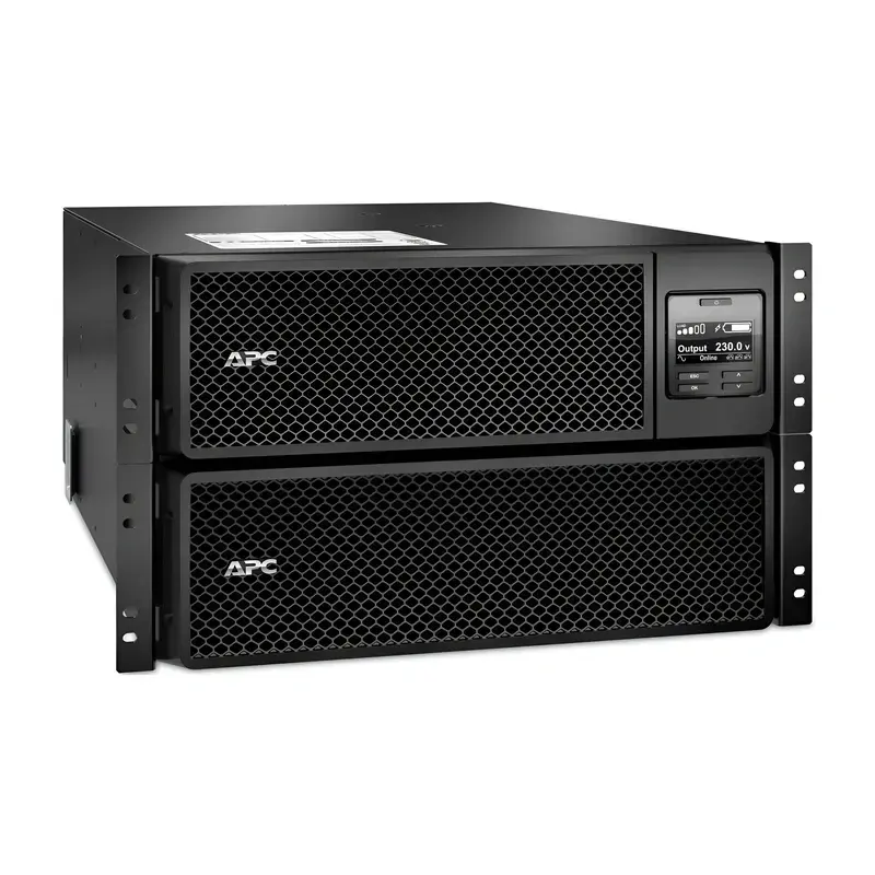 APC SRT8KRMXLI 8000VA Rackmount UPS showing stacked dual-chassis layout, digital display, and mesh server rack ears.