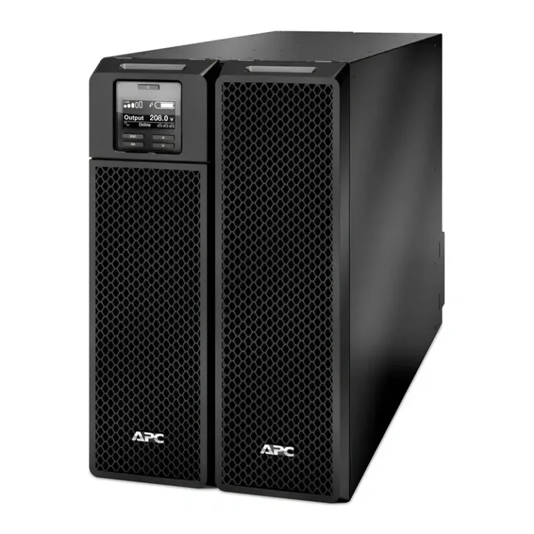APC SRT8KXLT 8000VA 208V UPS showing digital control display, side-by-side mesh bezels, and deep chassis profile.
