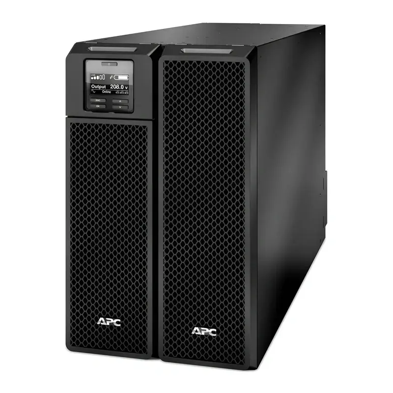 APC SRT8KXLT 8000VA 208V UPS showing digital control display, side-by-side mesh bezels, and deep chassis profile.