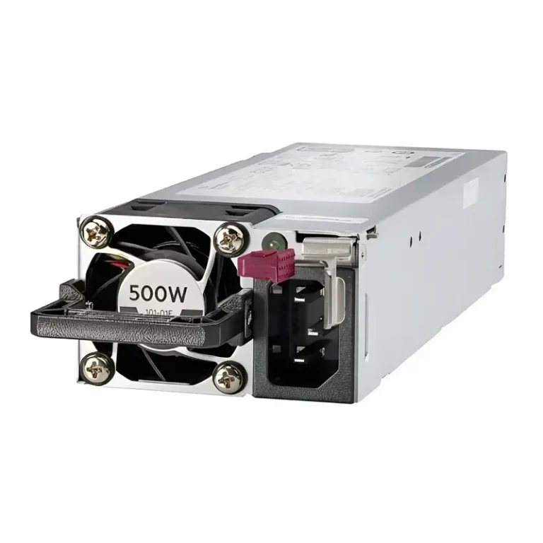 HPE 500W Flex Slot Platinum PSU 865408-B21 showing 500W cooling fan, burgundy release latch, and extraction handle.