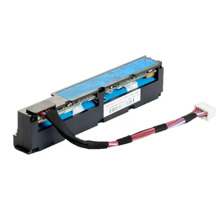 HPE 96W Smart Storage Lithium-ion Battery P01366-B21 showing blue labels, multi-colored 145mm cable, and white connector.