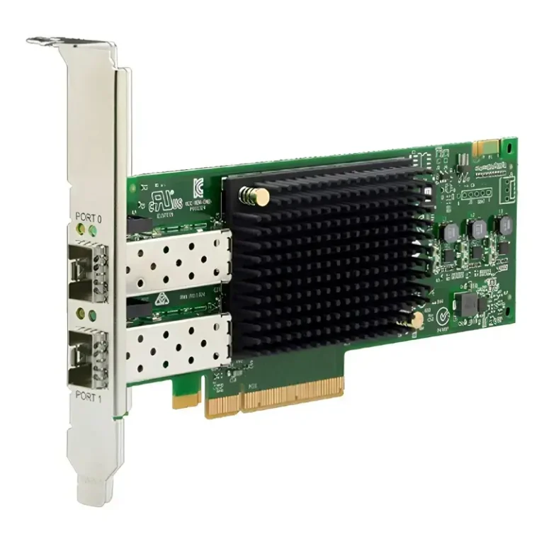 HPE SN1610Q 32Gb 2 Port Fibre Channel HBA R2E09A showing dual SFP+ cages, large black heatsink, and PCIe connector.