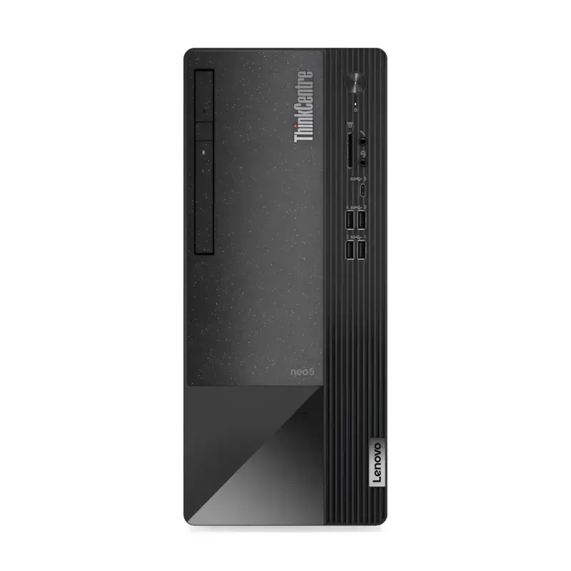 Lenovo ThinkCentre Neo50t Desktop featuring four USB Type A ports, a Type C port, vertical grille slots, and a power button.