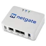 Netgate 1100 SG-1100 pfSense+ Security Gateway showing blue logo, status LEDs, WAN, LAN, OPT ports, and USB interfaces.