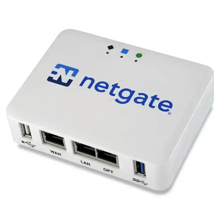 Netgate 1100 SG-1100 pfSense+ Security Gateway showing blue logo, status LEDs, WAN, LAN, OPT ports, and USB interfaces.