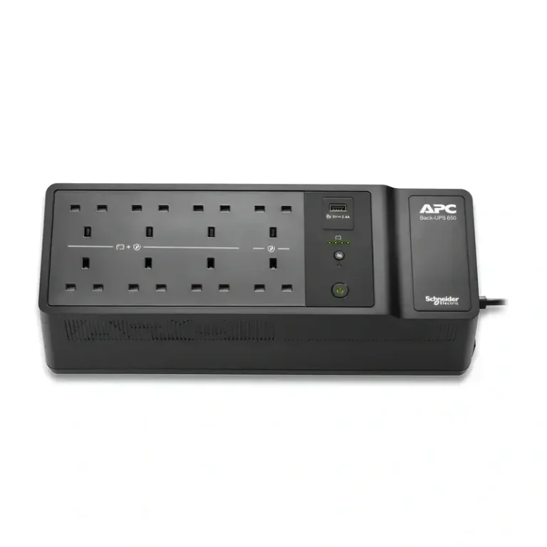APC Back-UPS 650 BE650G2-UK, top profile showing eight UK Type G output plugs, a Type-A USB charging port, and power button.