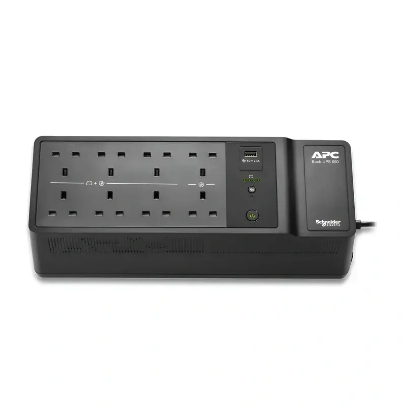 APC Back-UPS 650 BE650G2-UK, top profile showing eight UK Type G output plugs, a Type-A USB charging port, and power button.