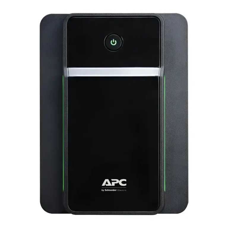 APC Back-UPS BX2200MI-GR line-interactive tower UPS, front profile showing black faceplate with green side LEDs.
