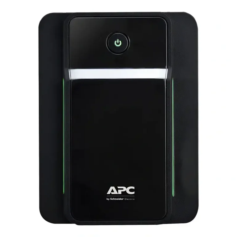 APC Back-UPS BX750MI-GR line-interactive tower UPS, front profile showing black faceplate with green side LEDs.