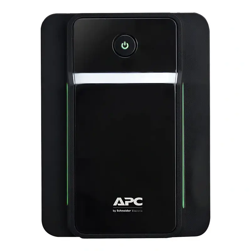 APC Back-UPS BX750MI-GR line-interactive tower UPS, front profile showing black faceplate with green side LEDs.