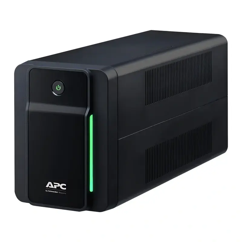 APC Back-UPS BX750MI-MS line-interactive tower UPS, angled profile with front green LED status strip and side vents.