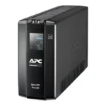 APC Back-UPS Pro 650 BR650MI line-interactive UPS, angled profile with lit front LCD runtime display and side logo.