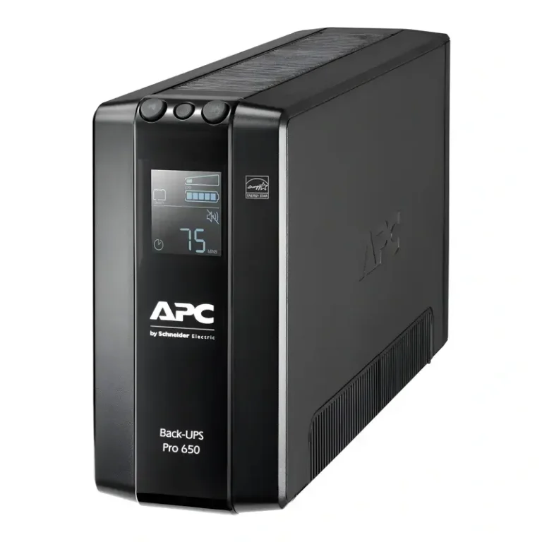 APC Back-UPS Pro 650 BR650MI line-interactive UPS, angled profile with lit front LCD runtime display and side logo.