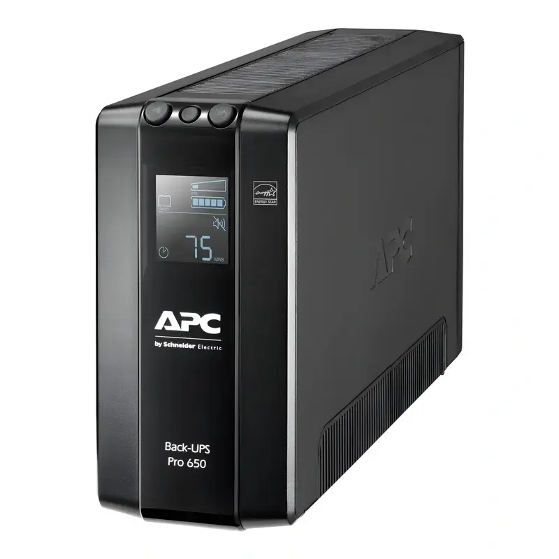 APC Back-UPS Pro 650 BR650MI line-interactive UPS, angled profile with lit front LCD runtime display and side logo.