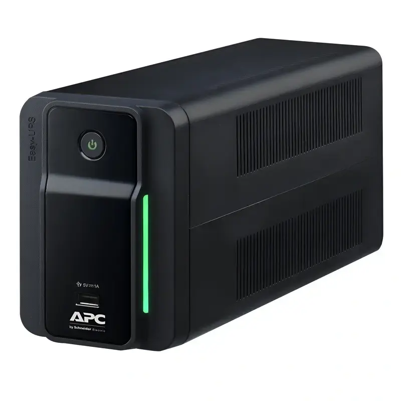 APC Easy UPS BVX700LUI tower, angled profile showing front green LED status strip, side vents, and a Type-A USB port.