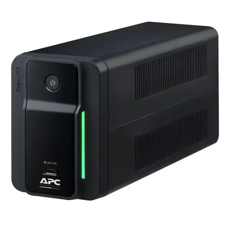 APC Easy UPS BVX700LUI-MS tower, angled profile showing front green LED status strip, side vents, and a Type-A USB port.