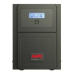 APC Easy UPS SMV1000I-GR line-interactive tower UPS, front profile showing lit LCD control panel display screen.
