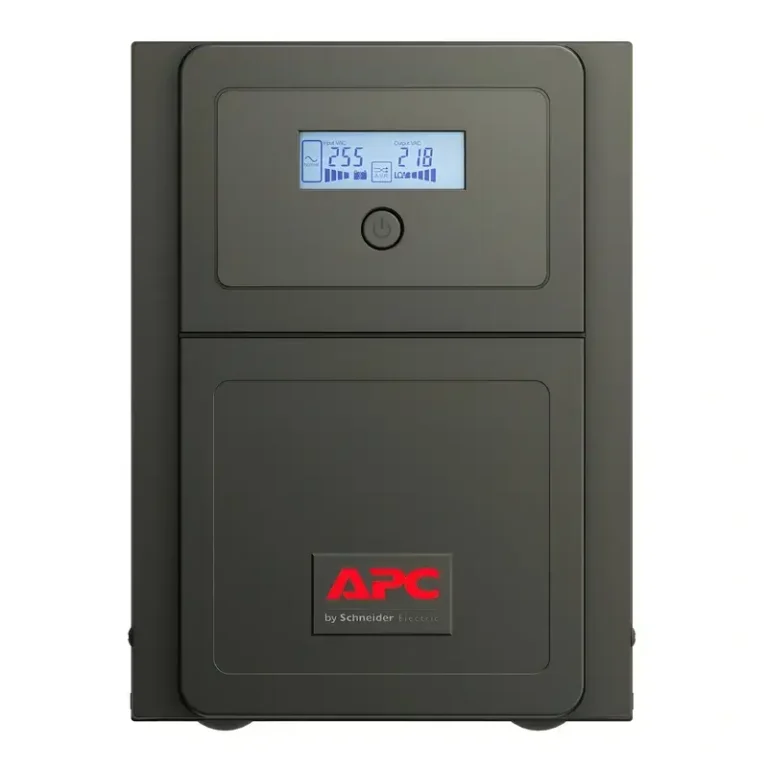 APC Easy UPS SMV1000I-GR line-interactive tower UPS, front profile showing lit LCD control panel display screen.