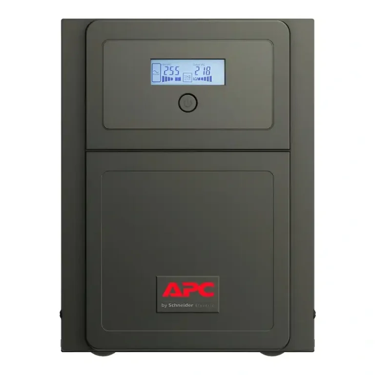 APC Easy UPS SMV3000AI-GR line-interactive tower UPS, front profile showing lit LCD control panel display screen.