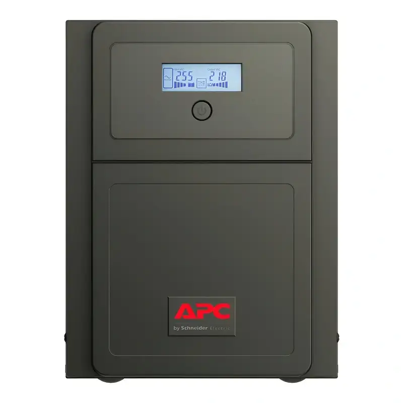 APC Easy UPS SMV3000AI-MSX line-interactive tower UPS, front profile showing lit LCD control panel display screen.