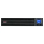 APC Easy UPS SRV3KRI rackmount online UPS, front profile with horizontal grille and blue LCD status screen.