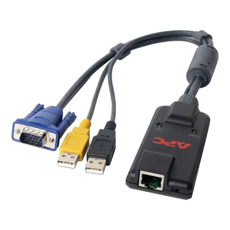 APC KVM-USBVMCAC 2G server module with VGA interface dual USB type-A connectors and RJ45 connection port.