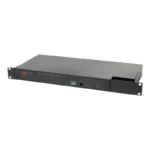 APC KVM0108A 8-port analog 1U rack KVM switch with front local user DB9 console port and active channel indicator LEDs.