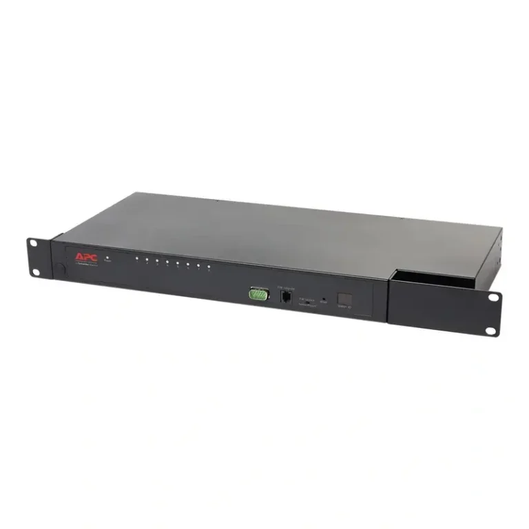 APC KVM0108A 8-port analog 1U rack KVM switch with front local user DB9 console port and active channel indicator LEDs.