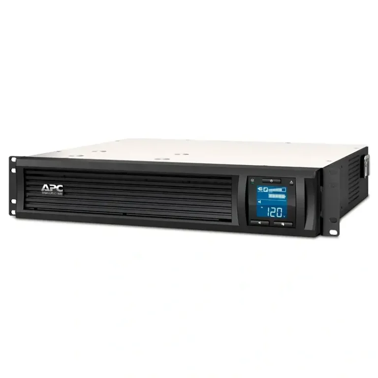APC Smart-UPS C 1500VA SMC1500I-2UC, front angled rackmount profile with horizontal grille and blue LCD status screen.