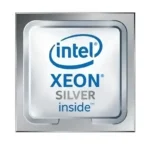Intel Xeon Silver processor with a square metallic integrated heat spreader and blue Intel Xeon Silver inside logo.