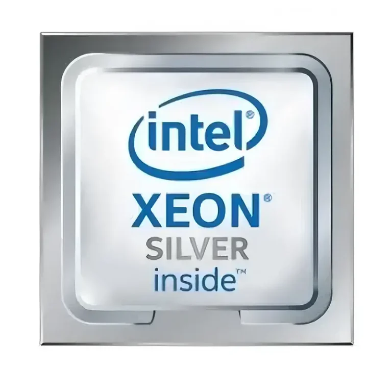 Intel Xeon Silver processor with a square metallic integrated heat spreader and blue Intel Xeon Silver inside logo.