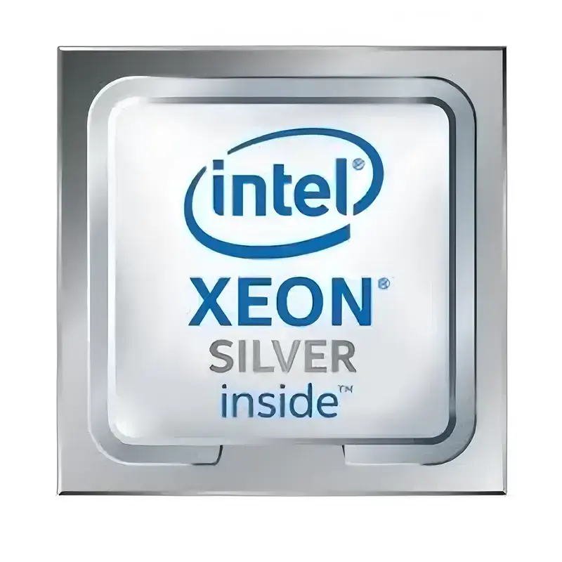 Intel Xeon Silver processor with a square metallic integrated heat spreader and blue Intel Xeon Silver inside logo. Intel Xeon Silver processor with a square metallic integrated heat spreader and blue Intel Xeon Silver inside logo.