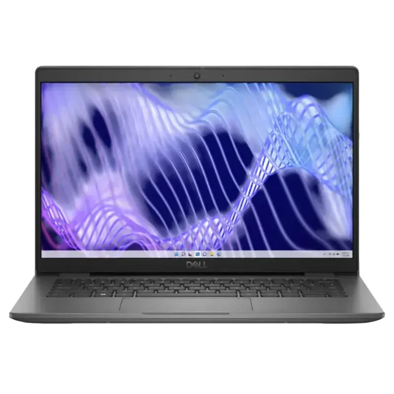 Dell Latitude 3440 laptop with open display panel, blue abstract wave wallpaper, dark grey keyboard, and central touchpad.