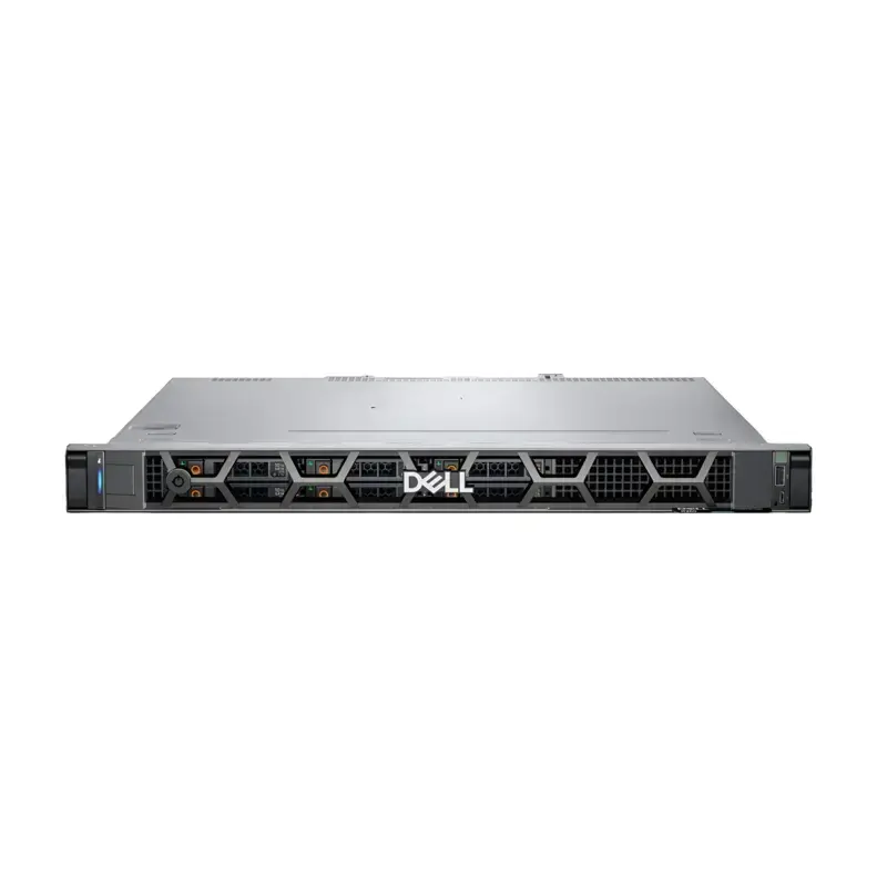 Dell PowerEdge R260 rack server front panel with security bezel, hot-plug drive bays, power button, and status LED. Dell PowerEdge R260 rack server front panel with security bezel, hot-plug drive bays, power button, and status LED.