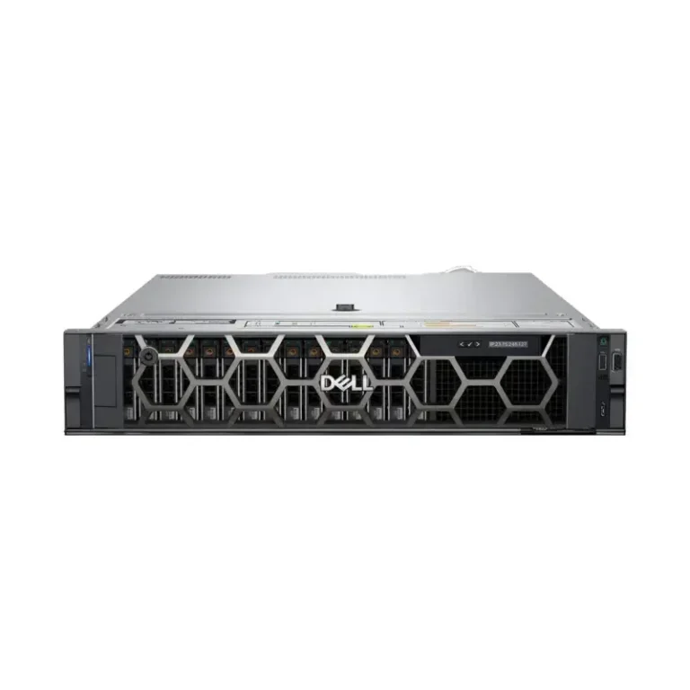 Dell PowerEdge R550 rack server front panel with a geometric security bezel, central logo, and integrated LCD screen.
