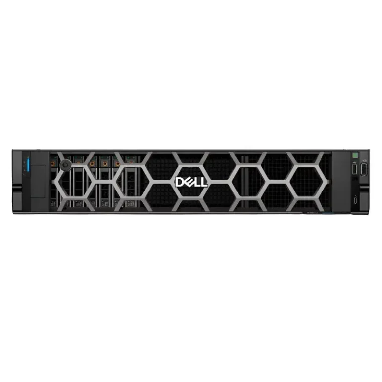 Dell PowerEdge R760xs rack server with honeycomb front bezel, central Dell logo, left drive bays, and right power button.