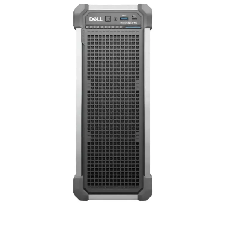 Dell PowerEdge T160 tower server front panel with rugged gray bumpers, mesh grille bezel, and I/O panel.