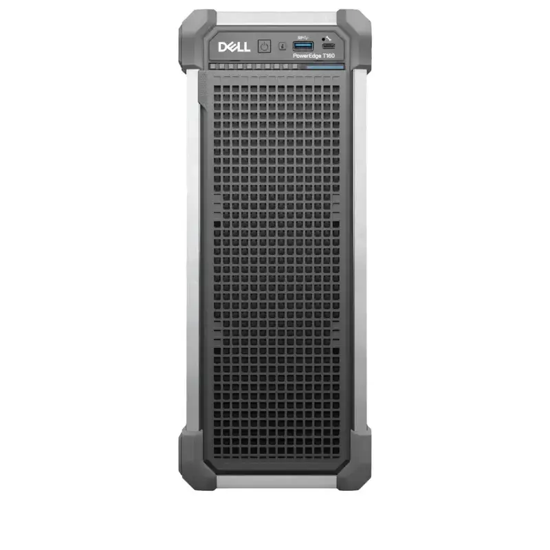 Dell PowerEdge T160 tower server front panel with rugged gray bumpers, mesh grille bezel, and I/O panel. Dell PowerEdge T160 tower server front panel with rugged gray bumpers, mesh grille bezel, and I/O panel.