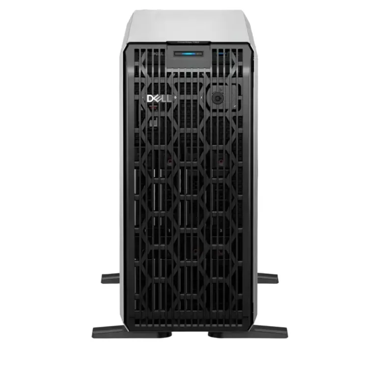 Dell PowerEdge T360 tower server front panel with a black geometric security bezel, Dell logo, and support feet.