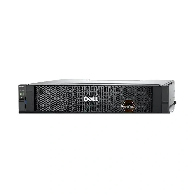 Dell PowerVault ME5012 2U storage array with front locking security bezel honeycomb mesh grille and diagnostic status LCD.