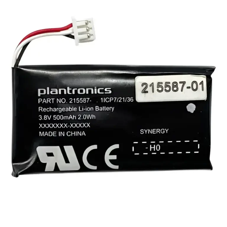 Poly Savi 7300 replacement battery with rectangular black casing, specification labels, and three-pin wire connector.