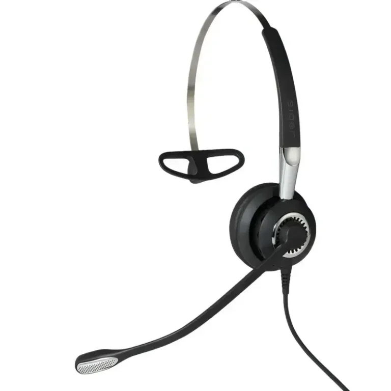 Jabra BIZ 2400 II mono USB headset, with front angled profile of a single earpad, silver steel headband, and boom mic.