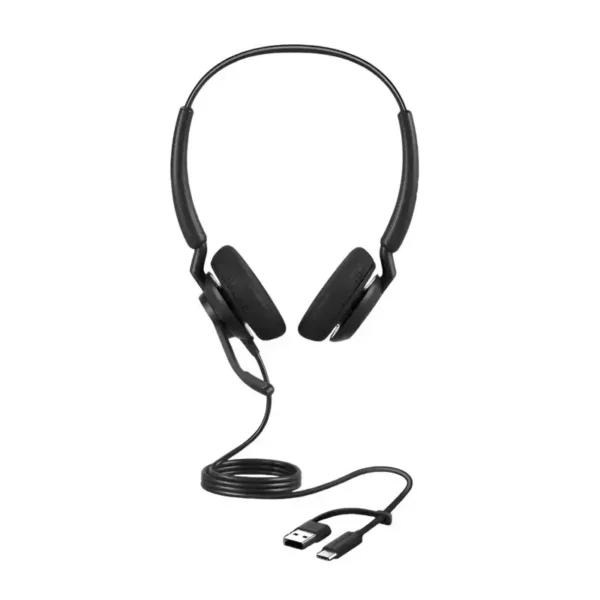 Jabra Engage 40 MS stereo headset, with front profile of dual earpads, coiled cable, USB-A converter, and USB-C plug.